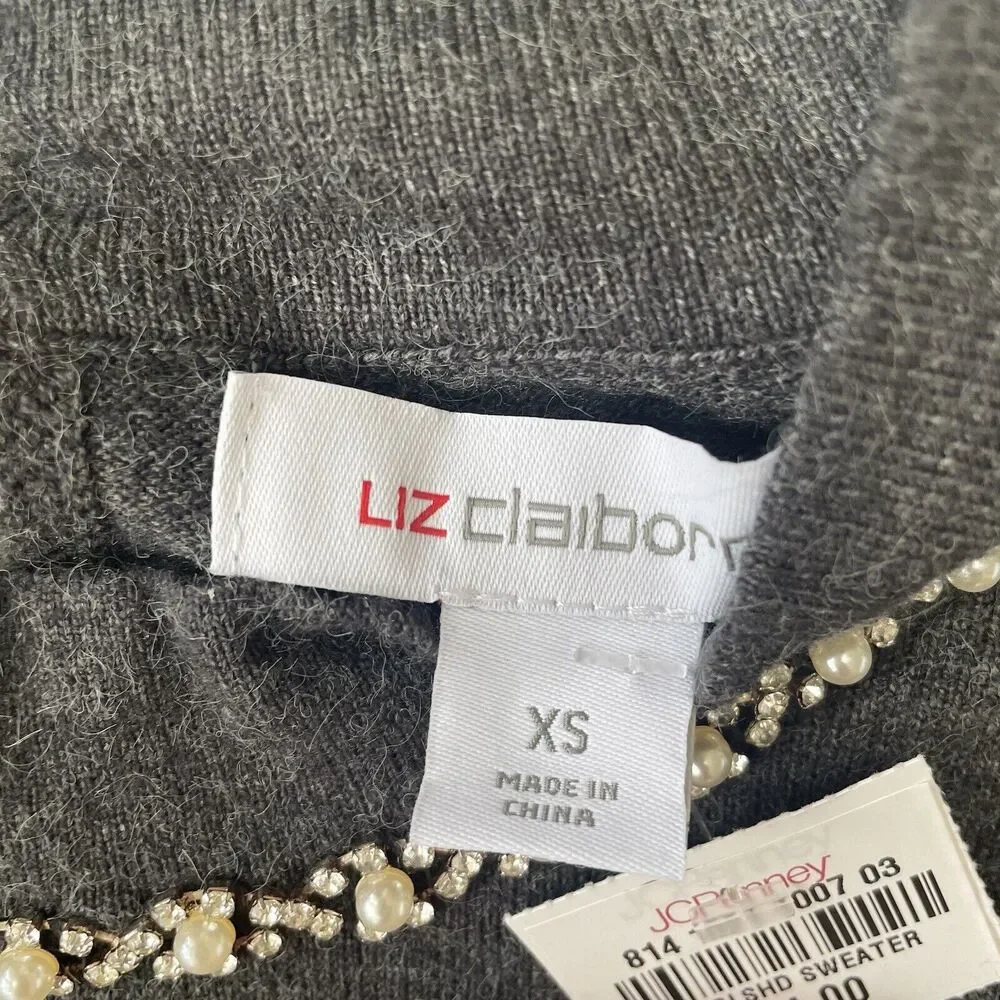 Liz Claiborne Sweater Womens XS Grey Crystal Pearl Detail Soft Knit Top NEW - Picture 5 of 9